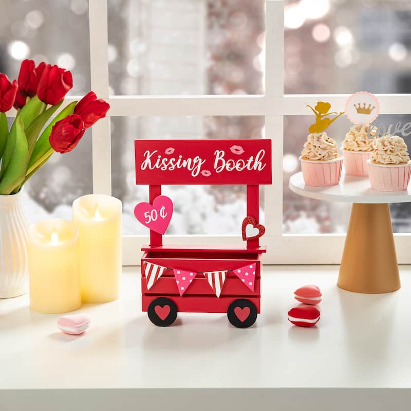 Glitzhome 10"H Valentine's Wooden KISSING BOOTH Table Decor - 10''H