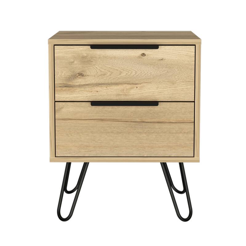Light Oak 2-Drawer Rectangle Nightstand with Steel Legs