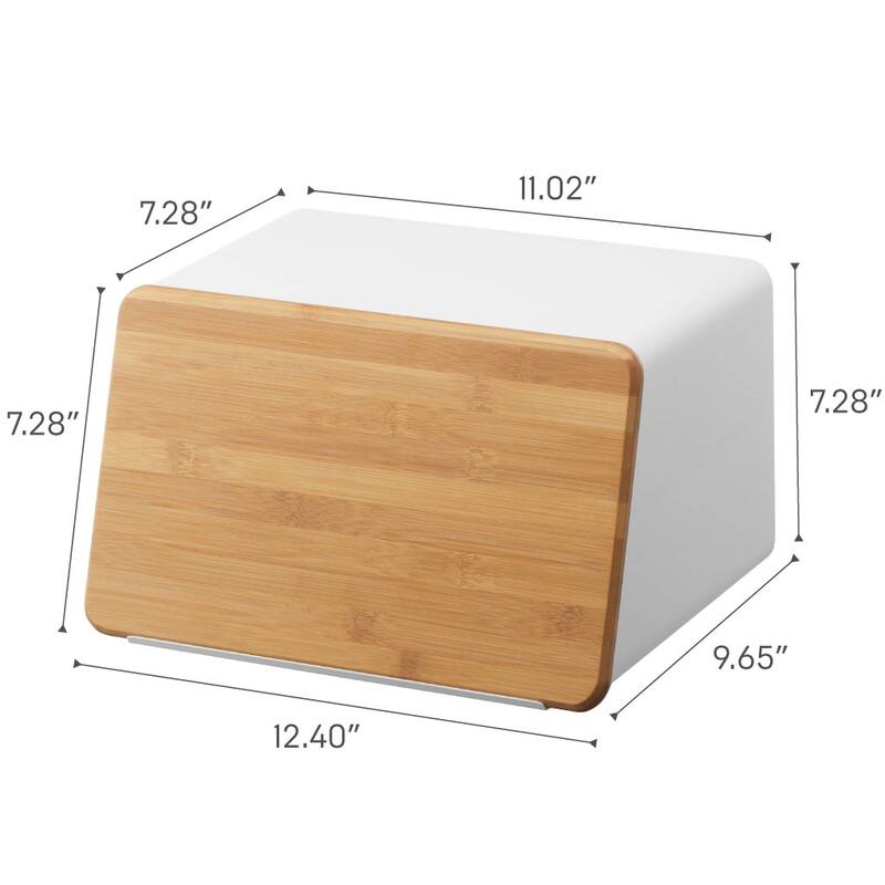 Yamazaki Home Bread Box with Cutting Board Lid, Steel and Wood, Lid - L 9.65 x W 12.4 x H 7.28 inches