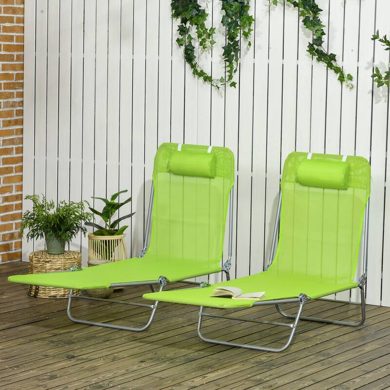 Outdoor Folding Chaise Lounge Chairs with 6-Position Reclining Back, Breathable Mesh Seat, Headrest, Set of 2