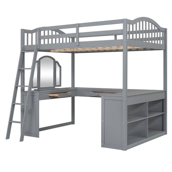 slide 2 of 18, Full Size Wooden Loft Bed with U-shaped Desk,Storage Compartments and Mirror Gray