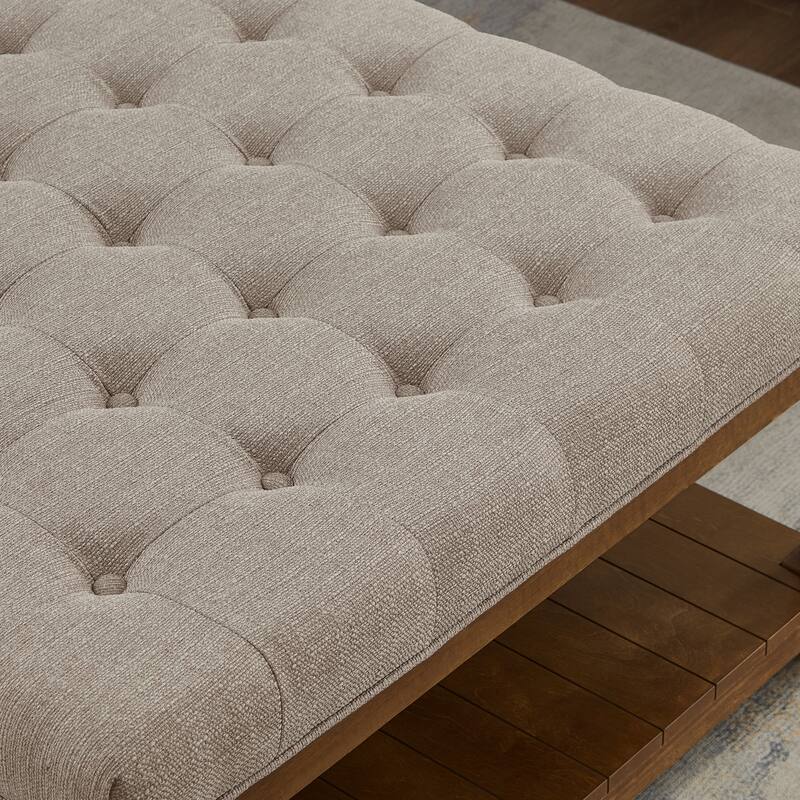 Large Square Upholstered Tufted Linen Ottoman Coffee Table, Large Footrest Ottoman with Solid Wood Shelf