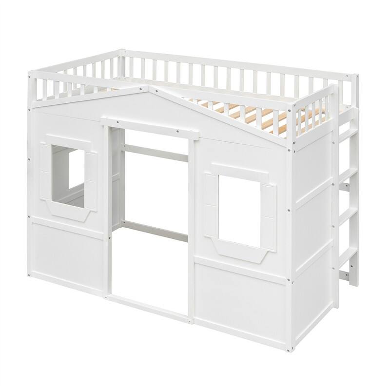Solid Wood House Loft Bed with Window Design and Ladder, Twin/Full Size Playhouse Bed Loft Bed Frame with Guardrail for Kids