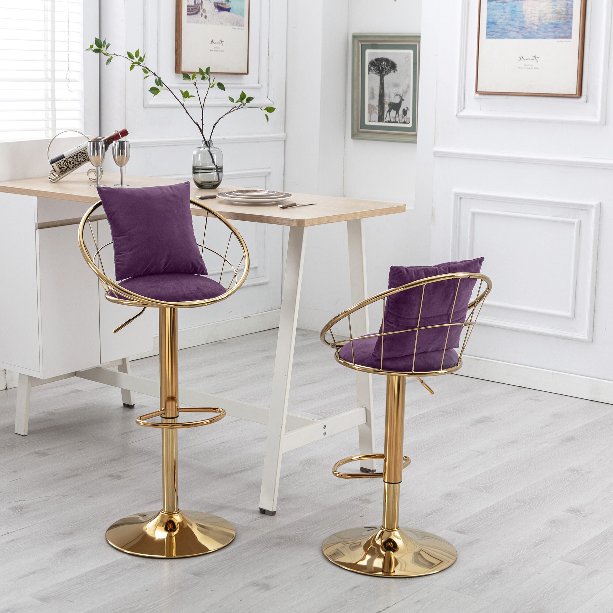 Swivel Dining Chair Barstool Purple Set of Gold Base Pillow