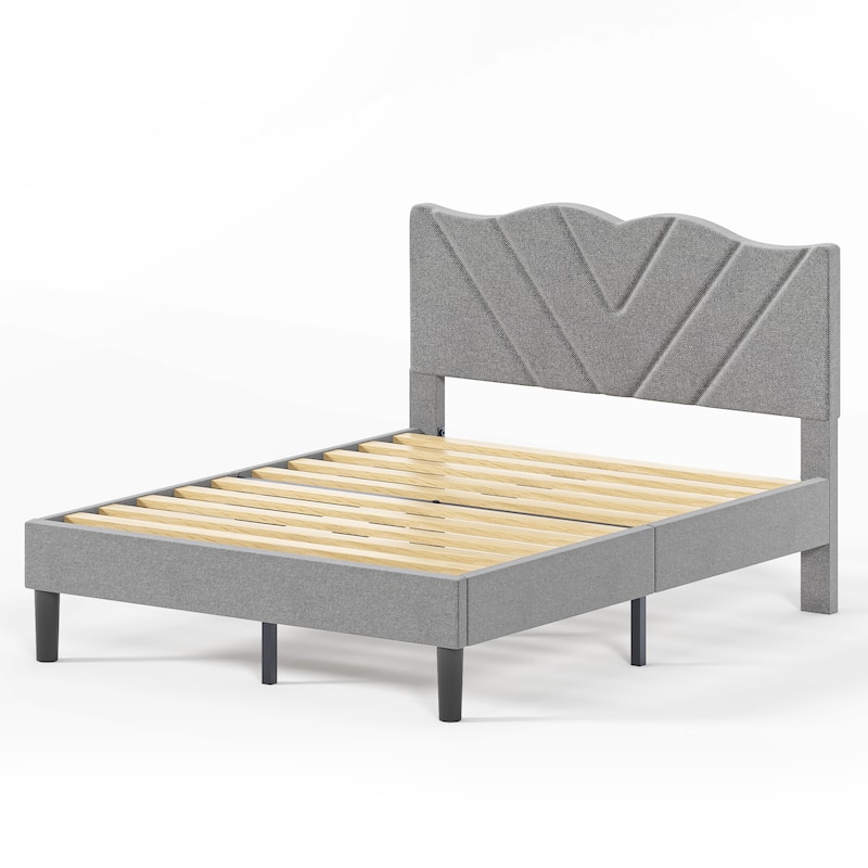 Queen Size Upholstered Bed Frame with Wooden Slats, Padded Headboard, Heavy-Duty Support, No Box Spring Required