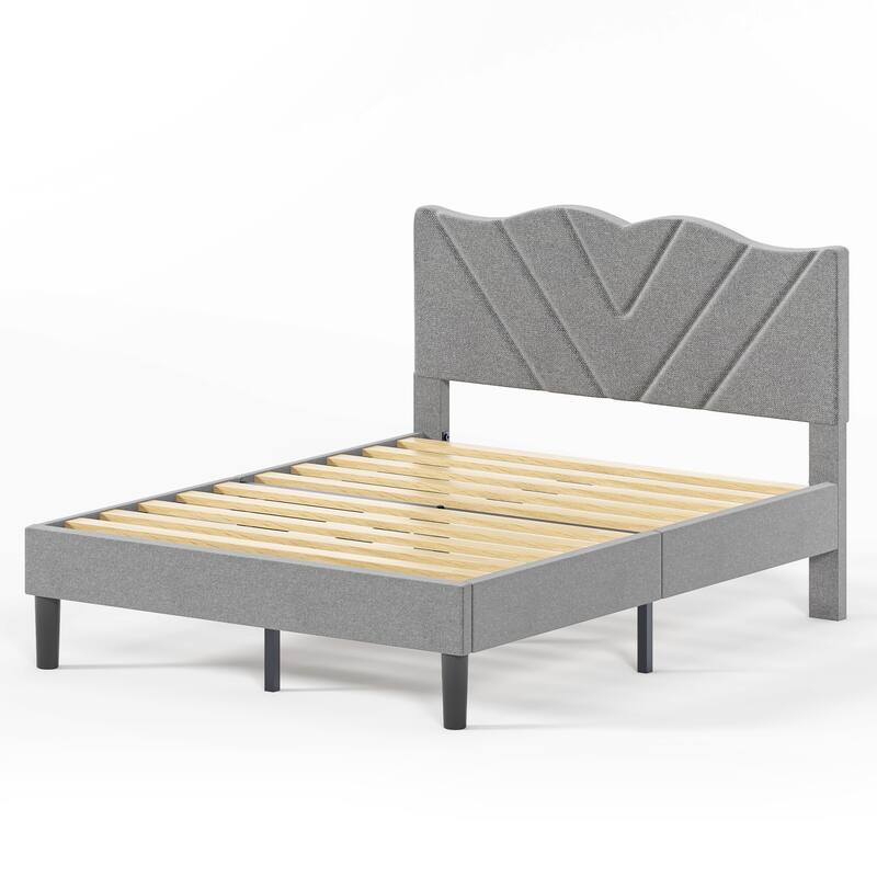 Upholstered Platform Bed, Twin Size, Grey with Padded Headboard & Heavy-Duty Metal Frame