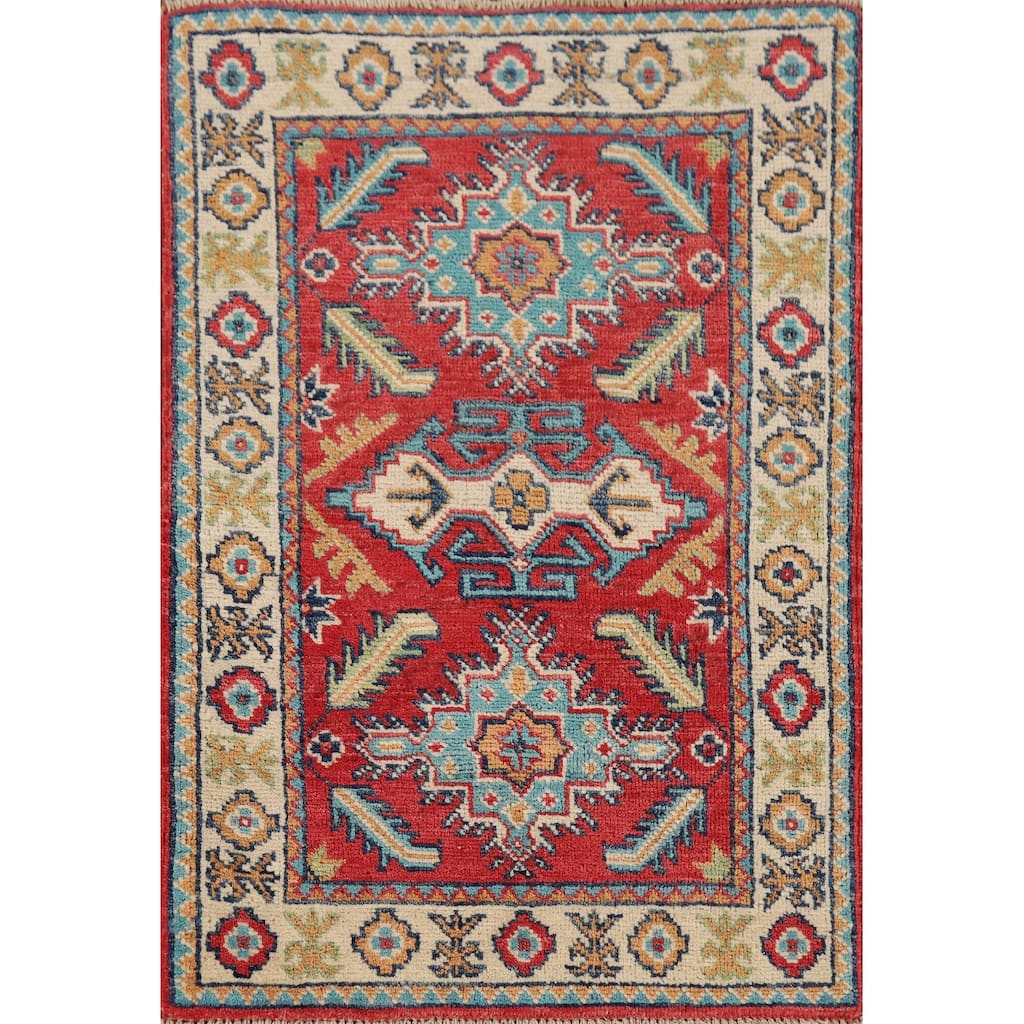 Red Geometric Kazak Oriental Accent Rug Hand-Knotted Wool Carpet - 2'0" x 2'10"