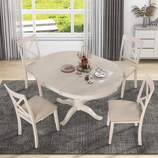 Antique White 5 Piece Extendable Round Dining Table Set with 4 Chairs ...