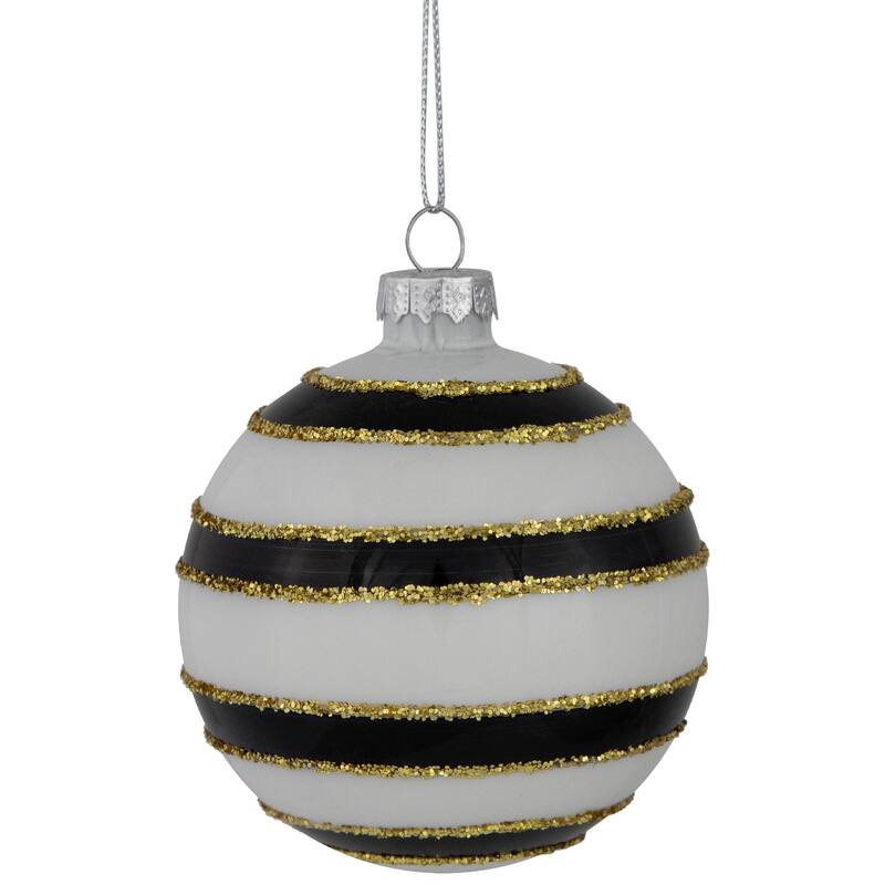 Shiny Finish Striped Christmas Glass Ball Ornaments - 3" (80mm) - White and Black - Set of 4