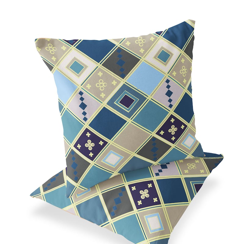 HomeRoots Set of Two 16" X 16" Blue and Gold Blown Seam Diamond Indoor Outdoor Throw Pillow - 16.00' X '16.00' X '5.00
