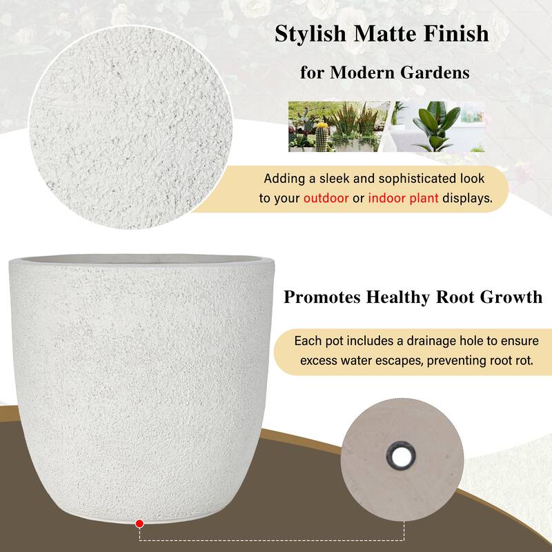 Lightweight Matte Textured MGO Flower Pot Set of 3,Round Concrete Stackable Planter with Drainage Holes and Rubber Plug