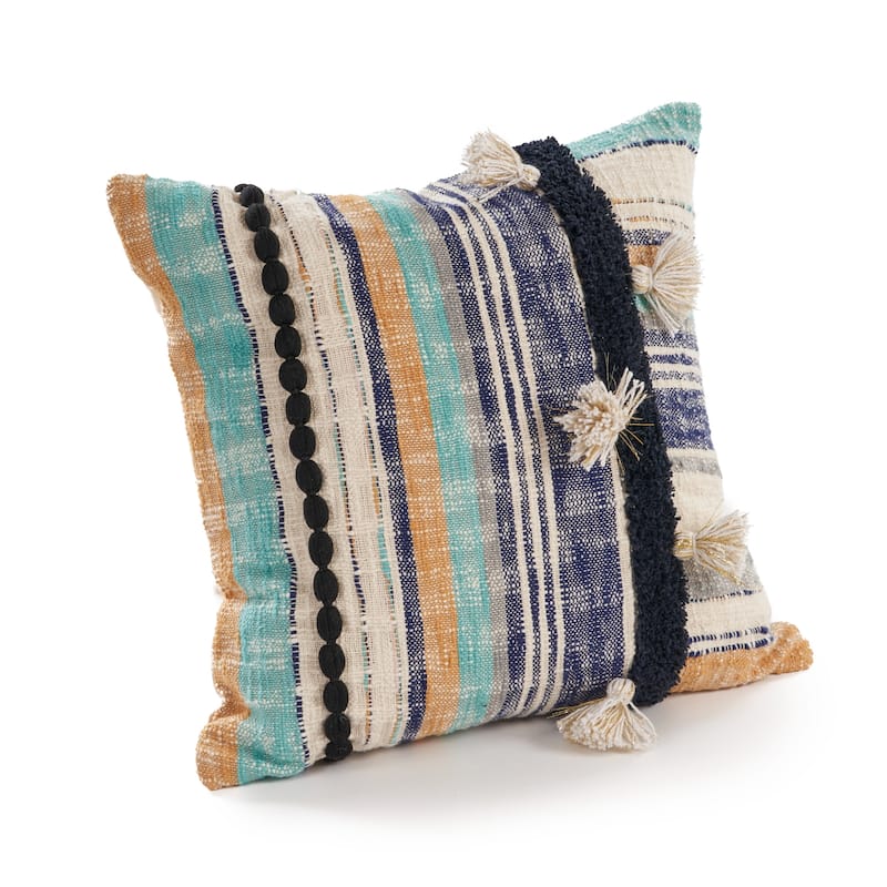 Handmade Striped Square Throw Pillow Cover with Tassels - 18" - Blue and Cream