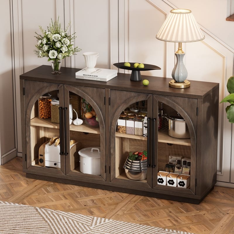 Retro Style Wood Buffet Sideboard with 4 Arched Glass Doors, Kitchen Storage Side Cabinet with Adjustable Shelves