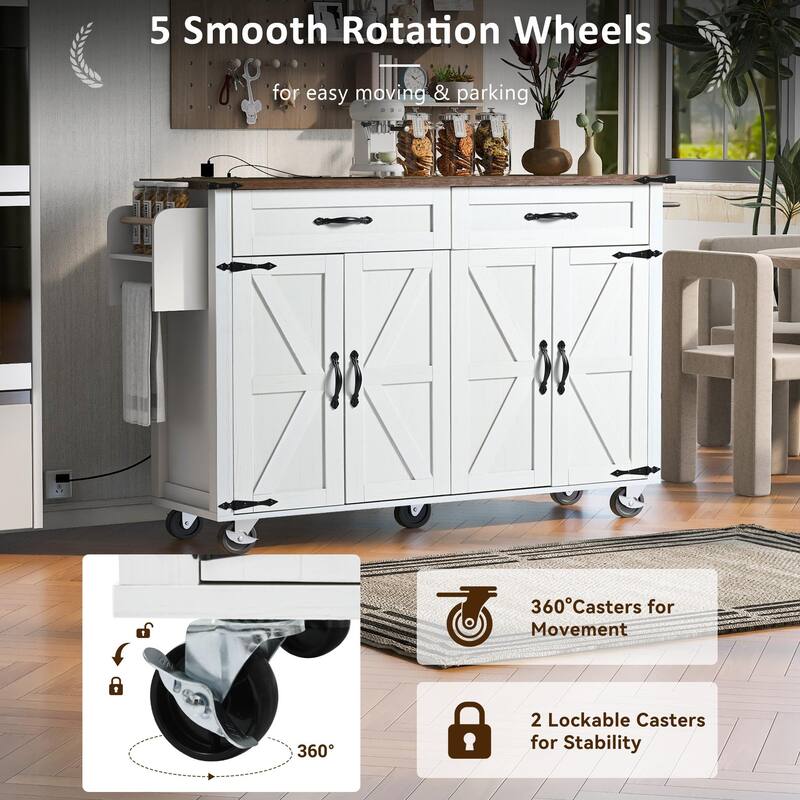 53.5" Rolling Farmhouse Kitchen Island Cart with Drop Leaf, Charging Station, Storage Cabinet, Spice Rack, and Drawer