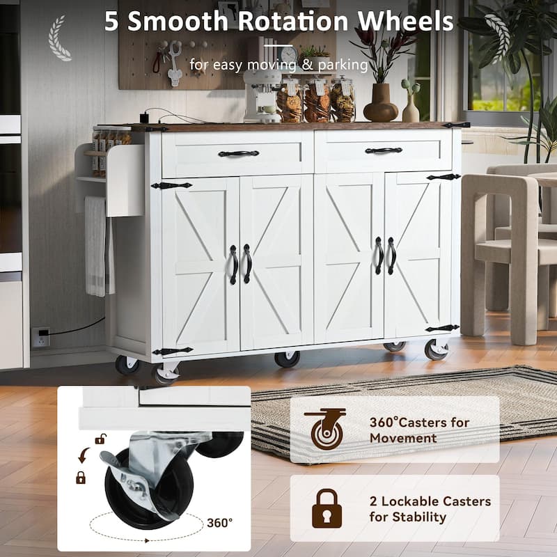 Roomfitters 53.5'' Farmhouse Kitchen Island with Power Outlet, Drop Leaf, Spice Rack, Drawer, Rolling Cart