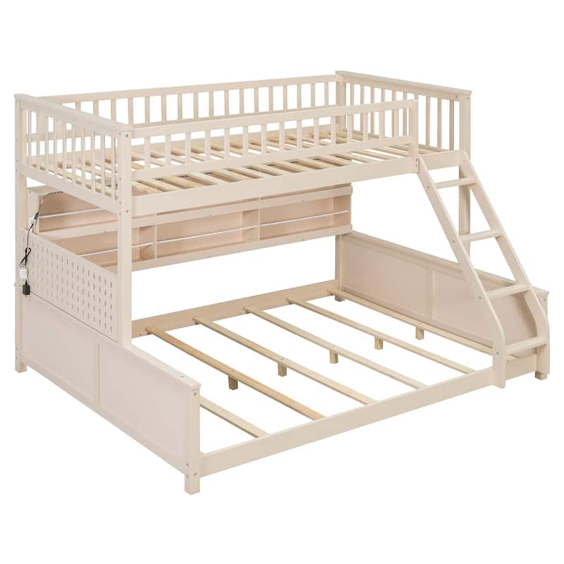 Full XL over Queen/Full over Full Bunk Bed with Integrated Shelving, Color-Changing Lights & Pegboard