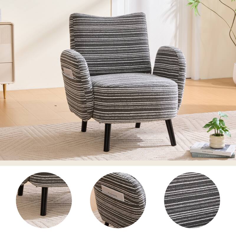 Modern style armchair with sanded fabric, Side storage pocket, Solid wood legs, Comfortable reading chair for living room - Dark Gray
