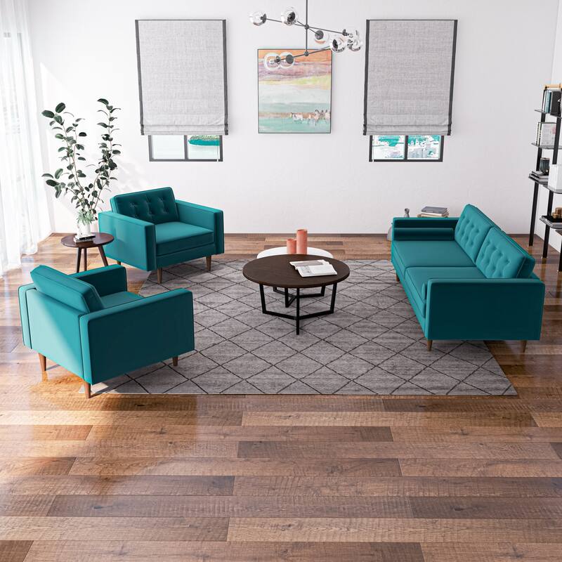 Mase 3-Piece Mid-Century Velvet Sofa and 2 Lounge Chairs Set in Gray