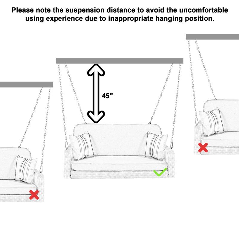 All-Weather PE Wicker Porch Swing with Cushions and Chains, 2-Person Hanging Bench for Backyard, Garden, Patio or Poolside Use