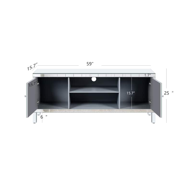 TV Stand with M Shape Sparkling Mirror Doors, Console Table with 2 Storage Cabinets, Entertainment Center with Open Shelves