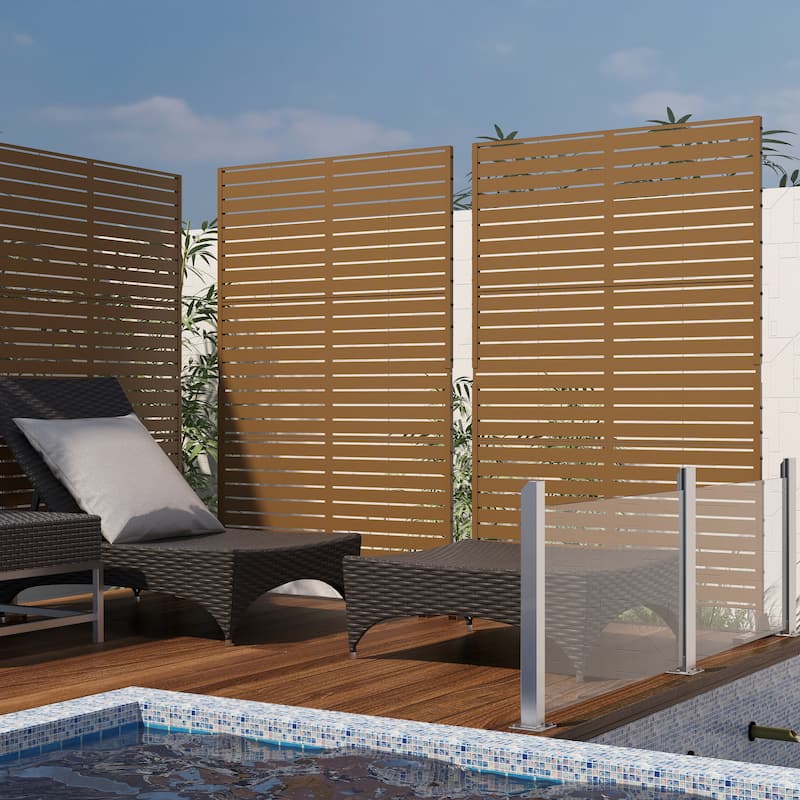Outdoor Privacy Screen with Stand for Patio Garden Metal Fence - Brown - 014-Horizontal Stripe