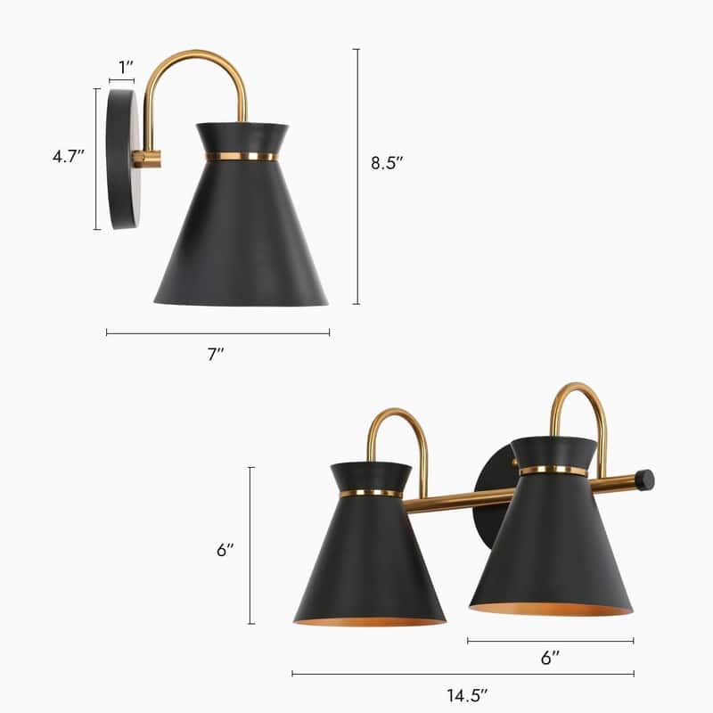2-Light Modern Black Gold Bathroom Vanity Light Dimmable Metal Wall Sconce - 14.5" L x 7" W x 8.5" H