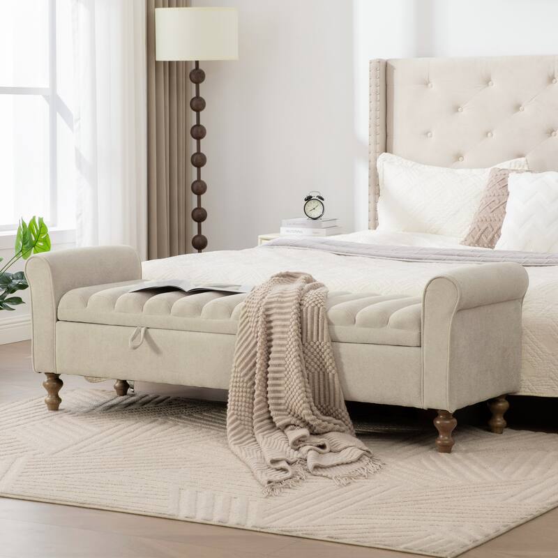 65.6"W Upholstered Storage Bench With Rolled Armrest, Rubberwood Legs