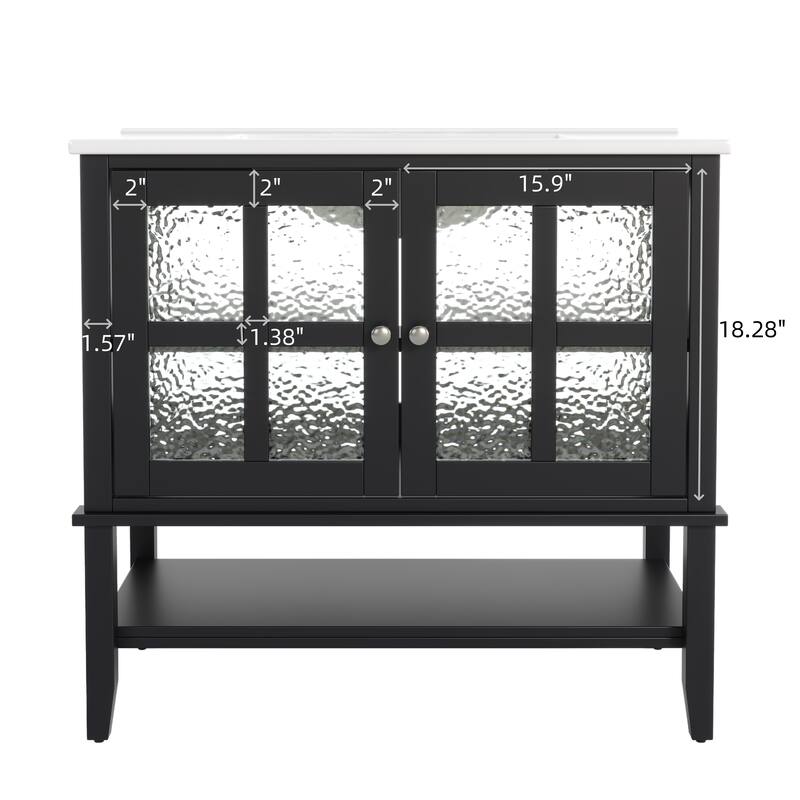 36" Waterproof Bathroom Vanity with Ceramic Sink - Adjustable & Open Shelving, Solid Wood Legs, Soft-Close Hinges