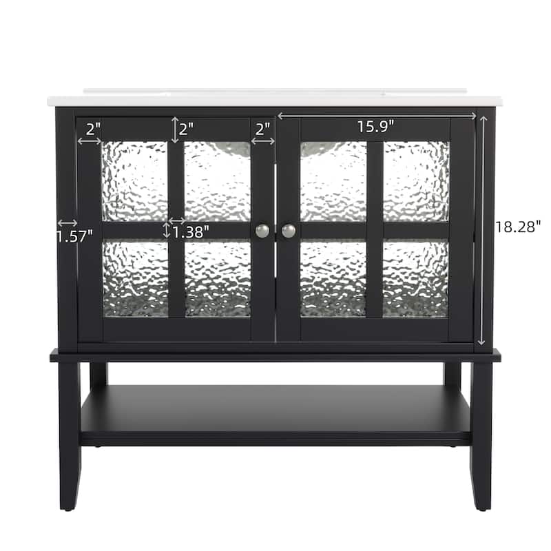 Roomfitters 36" Contemporary Bathroom Vanity with Ceramic Sink, Textured Glass Doors, Adjustable Shelf and Open Storage