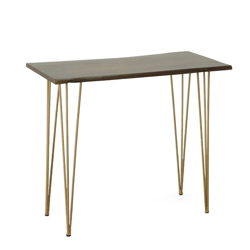 Wooden Top Live Edge Rectangular Bar Table - 42" - Brown and Gold