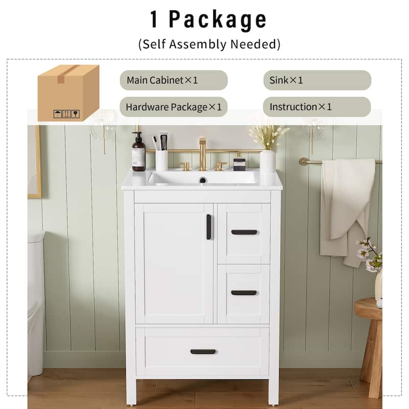 24" Modern Bathroom Vanity with Ceramic Sink - Soft-Close Door, 3 Drawers, Double-Layer Shelf, Minimalist Design