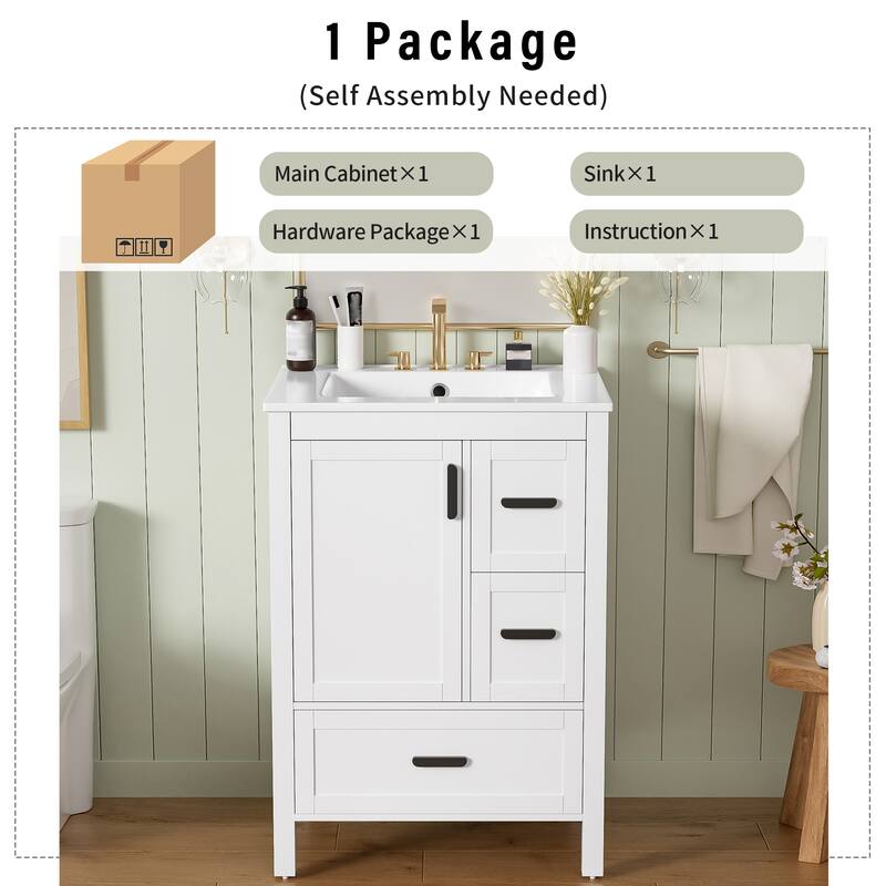 Modern 24-inch Bathroom Vanity with Ceramic Sink, Soft-Close Door, Double-Layer Door Shelf, and 3 Drawers