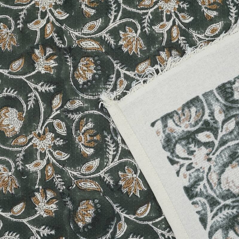 Fabdivine Honeycomb or Waffle Weave Hand Block Floral Print Hand Towel, Kitchen Gift Use - Saraswati- Dark Green, Brown, Beige - Set of 6