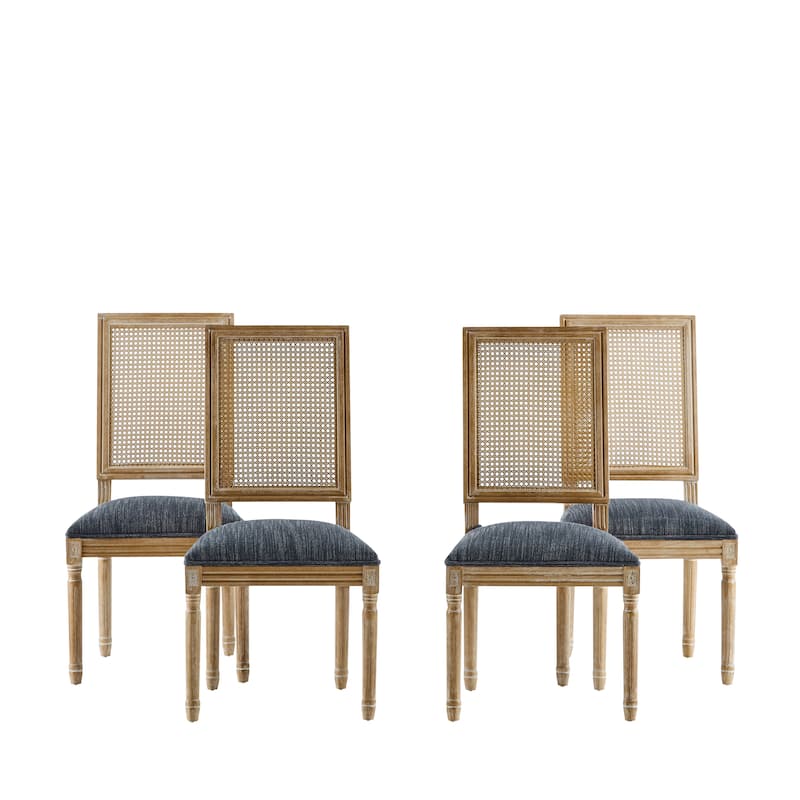 [Set of 4] French Country Dining Chairs - Elegant Cane Backrest & Upholstered Seats with Fluted Legs- Solid Rubberwood Frame