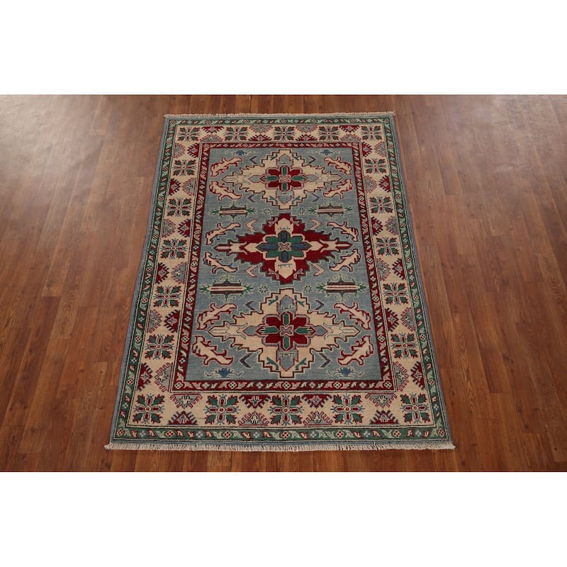 Light Blue Oriental Kazak Area Rug Handmade Wool Carpet - 4'0" x 5'11"