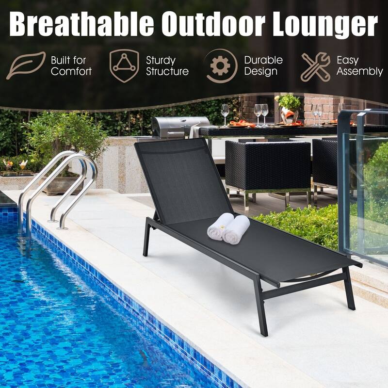 Outdoor Reclining Chaise Lounge Chair with 6-Position Adjustable Back - 64"- 79" x 25" x 38" - 12" (L x W x H)