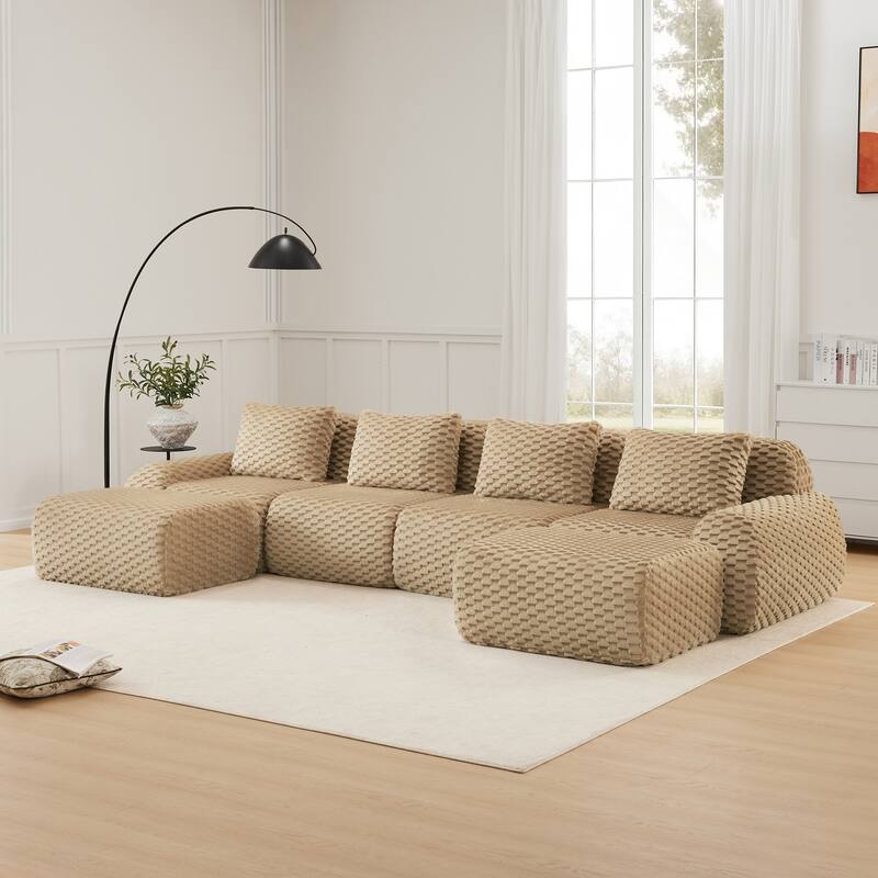 Oversized Modular Sectional Sofa with Movable Ottoman, 4 Seat Modern Flannelette Fabric Sofa Set Floor Armrests Sofa - Light Camel 4 Seat - 2 Ottoman
