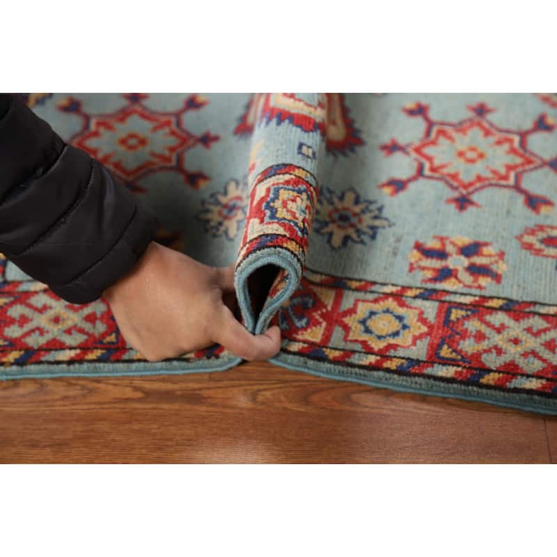 Light Blue Geometric Kazak Oriental Foyer Rug Hand-Knotted Wool Carpet - 2'0" x 3'0"