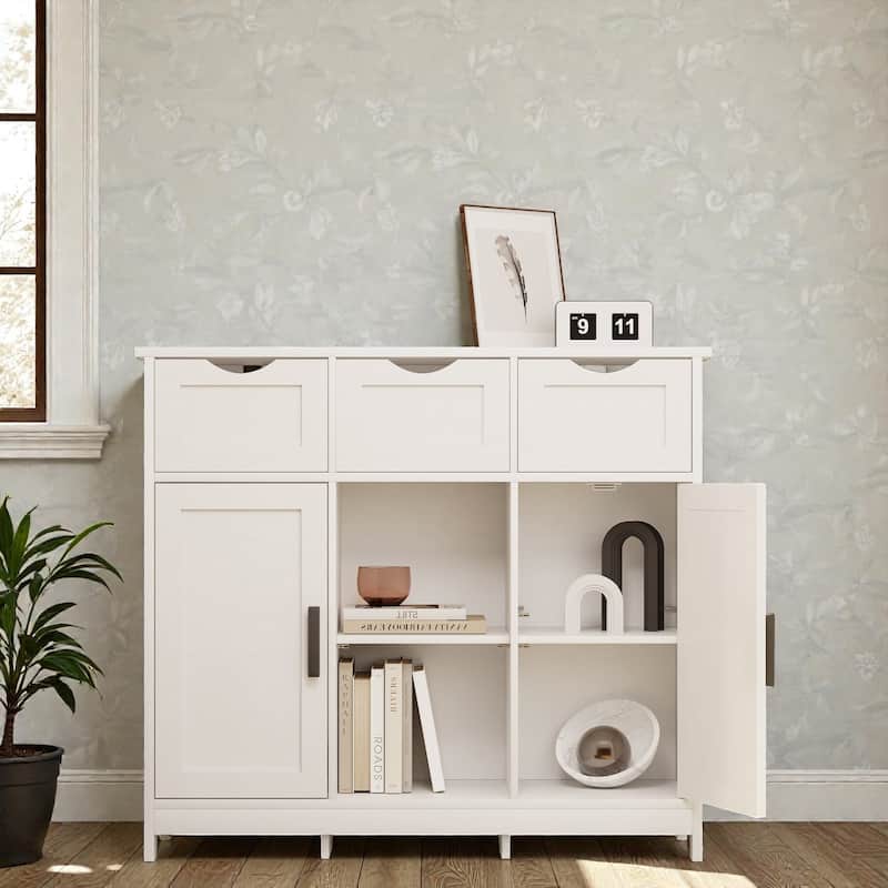 Wooden Storage Cabinet with Drawers and Adjustable Shelves, Floor Accent Cabinet for Living Room Bedroom