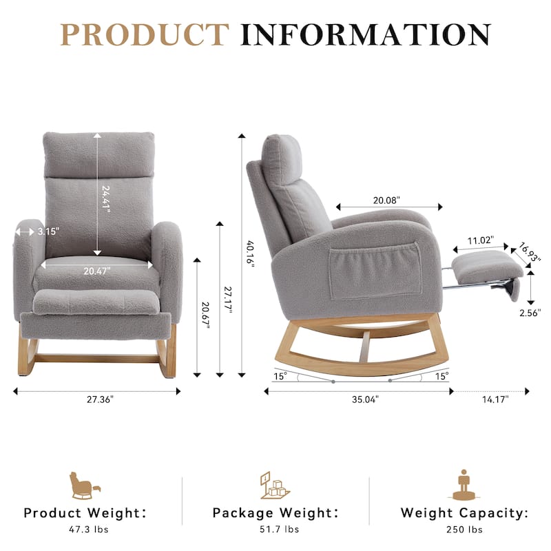 Rocking Chair Nursery, Modern Upholstered Glider Rocker with Side Pocket, High Backrest Accent Armchair for Living Room