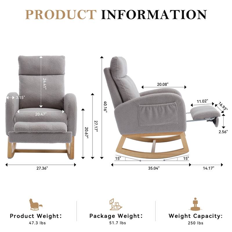 Teddy Fabric Leisure Rocking Chair,Nursery Rocking Chair With Adjustable Footstool,Thickened Headrest And High Backrest