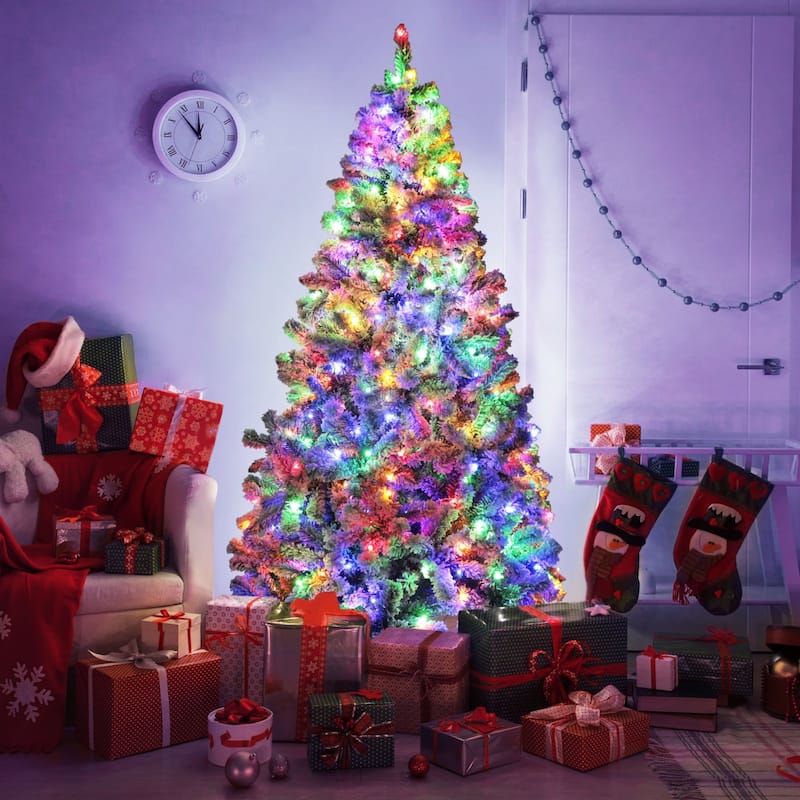 VEIKOUS 6.5FT/7.5FT Pre-lit Christmas Tree Snow Flocked/Artificial with Lights and Metal Stand