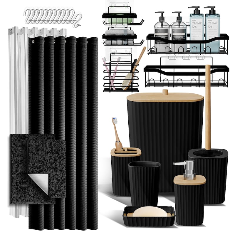 Emperyan Bathroom Accessories Set with Shower Caddy and Bath Rugs - Complete 27-Piece Set - Black