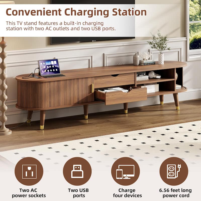 Wooden Oval Fluted TV Stand with Charging Station for TV up to 80", Farmhouse Media Cabinet TV Console with Sliding Tambour Door