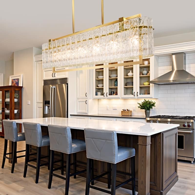6 lights Rectangle Gold Crystal Chandeliers for Dining Room, 39" Large Linear Water Ripple Glass Island Light Fixture