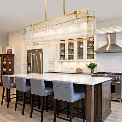 6 lights Rectangle Gold Crystal Chandeliers for Dining Room, 39" Large Linear Water Ripple Glass Island Light Fixture