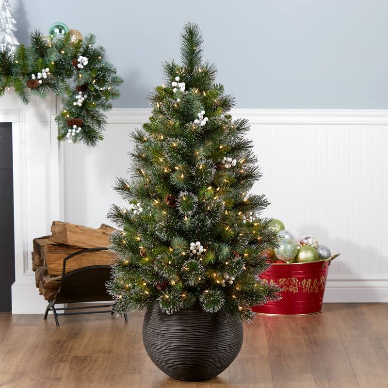 National Tree Company 4 ft. Pre-lit Artificial Glittery Crestwood Christmas Entrance Tree with Silver Glitter, Pinecones
