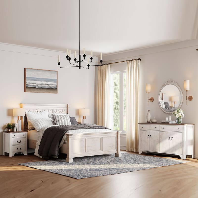 WAMPAT Farmhouse 3PCS Bedroom Set, 59" W Large Sideboard Buffet Cabinet,and Wood Nightstands Set of 2 with Charging Station
