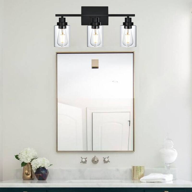 3-Light Wall Light Black Bathroom Vanity Lights, E26 Modern Bathroom Light Fixtures with Clear Glass Shade, Sconces Wall Lights
