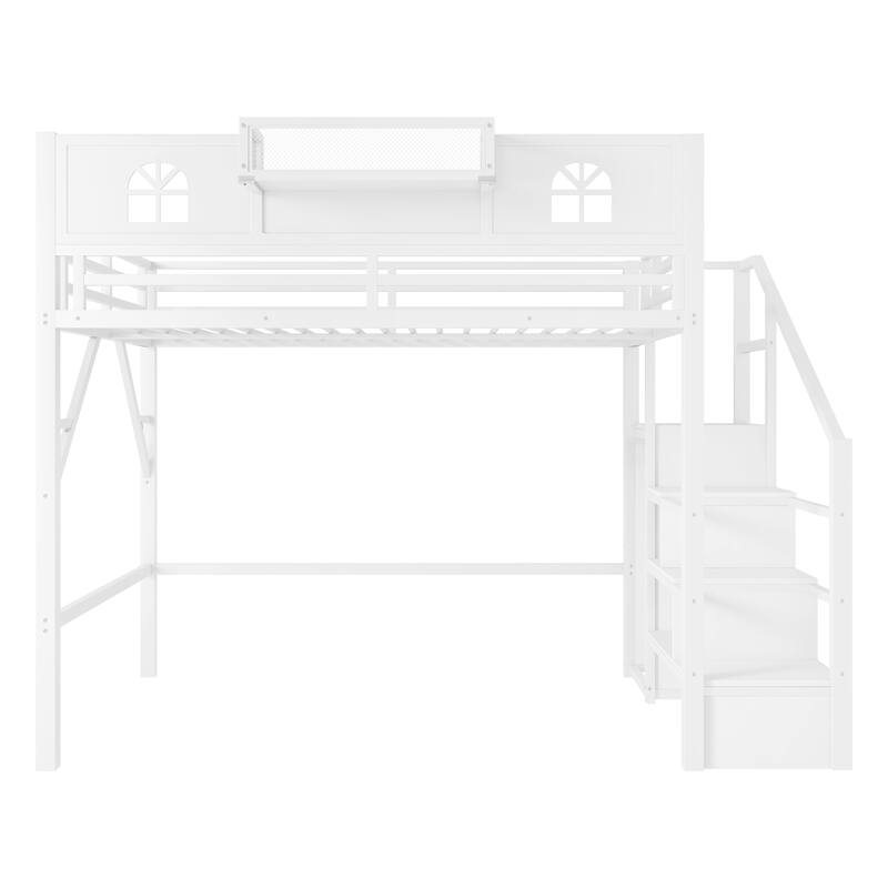 White High Loft Bed Frame with Storage Stairs and Wardrobe, Loft Metal Frame Bed with High House Shaped Guardrails for Kid Teens